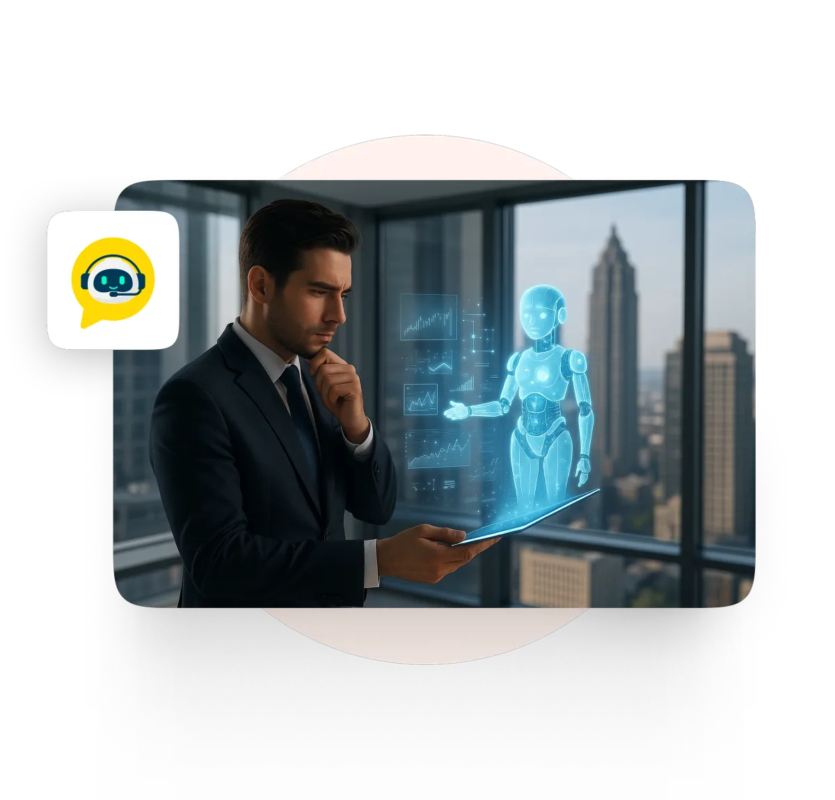 Staff member reviewing an AI assistant and analytics on a tablet