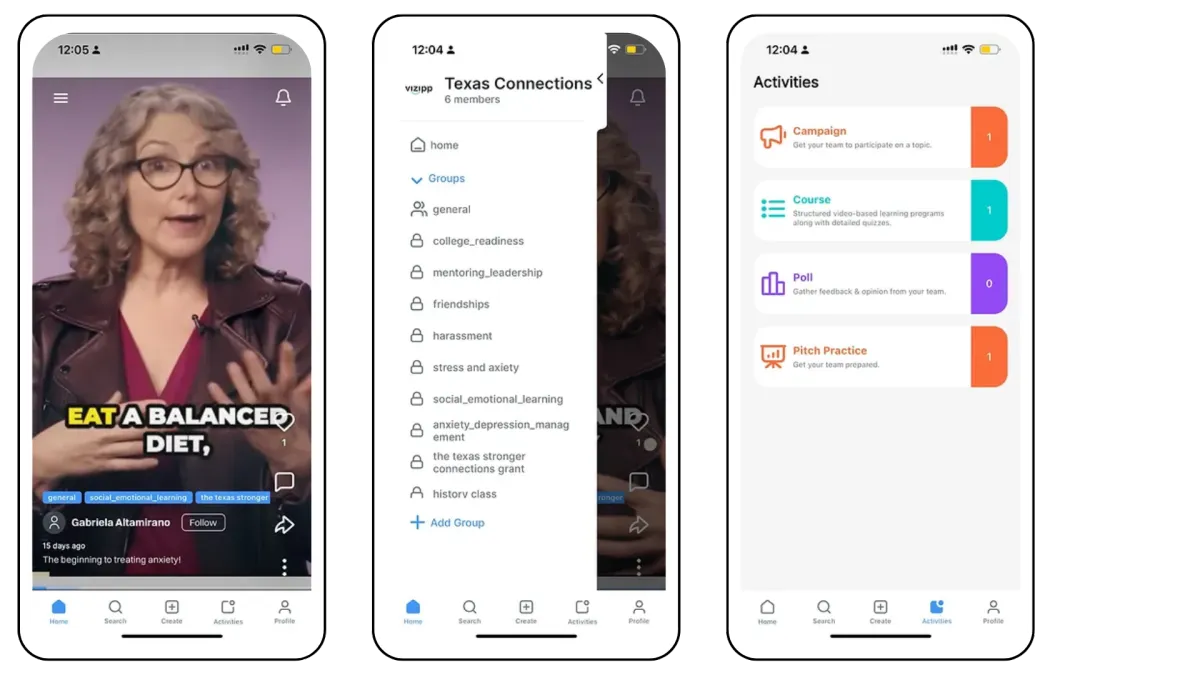 Vizipp community app screens showing a social-emotional learning video feed, topic groups and activities such as courses and polls