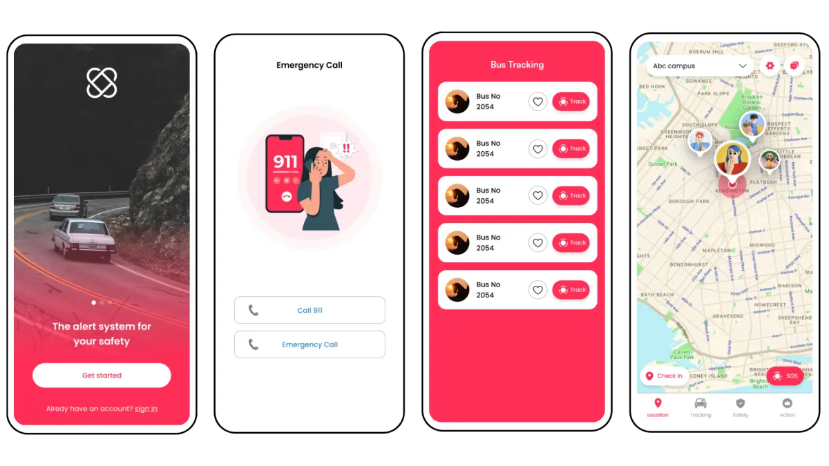 Vizipp Safety App screens showing an alert system welcome screen, emergency call options, bus tracking and a live campus map with SOS button