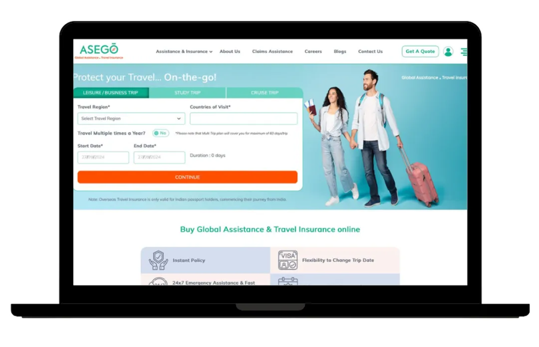 Laptop showing a travel insurance web application built by Vizipp