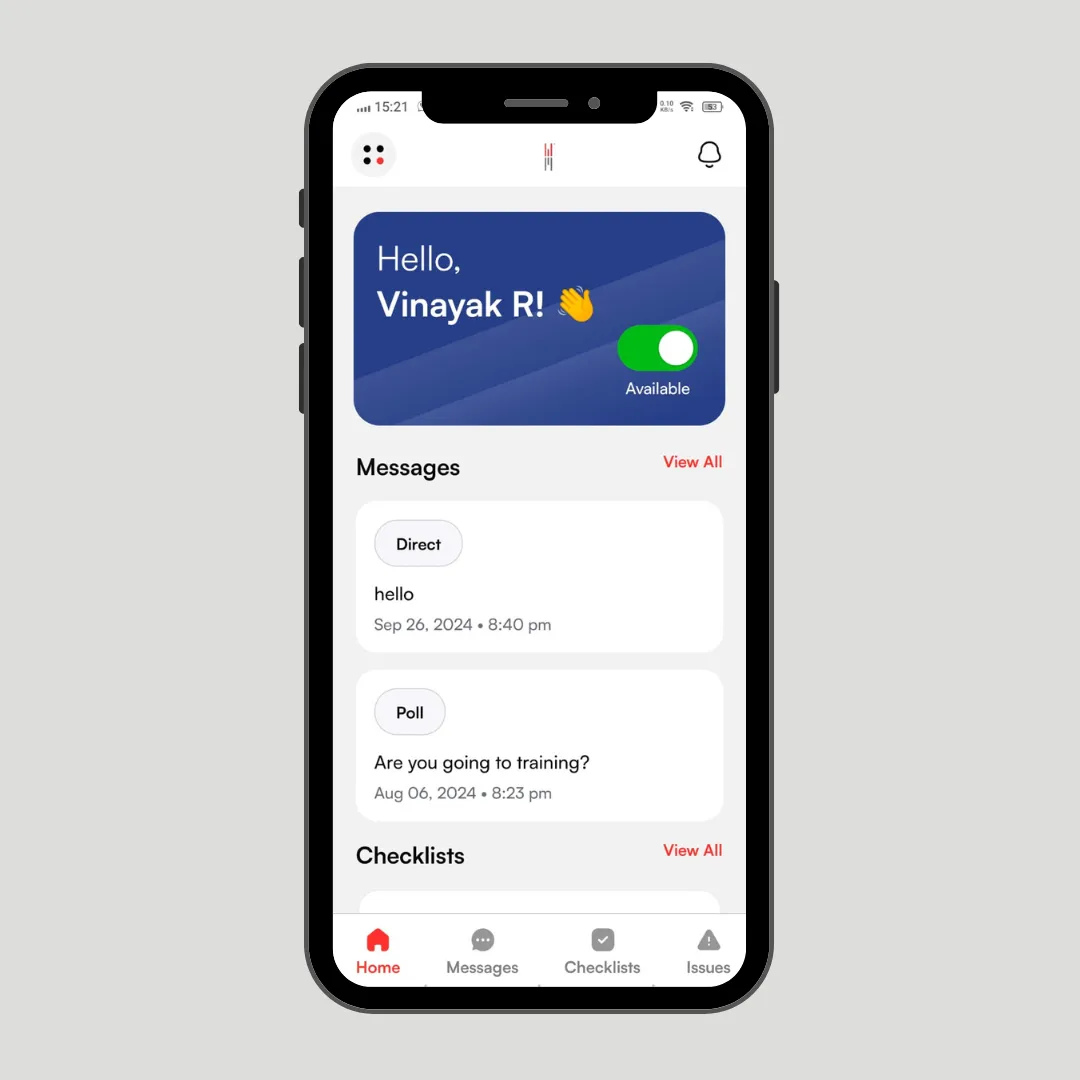 Smartphone showing a team messaging and checklist app