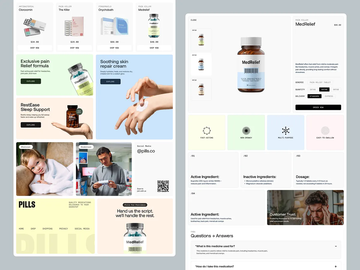 E-commerce interface design showing product cards and a product detail page