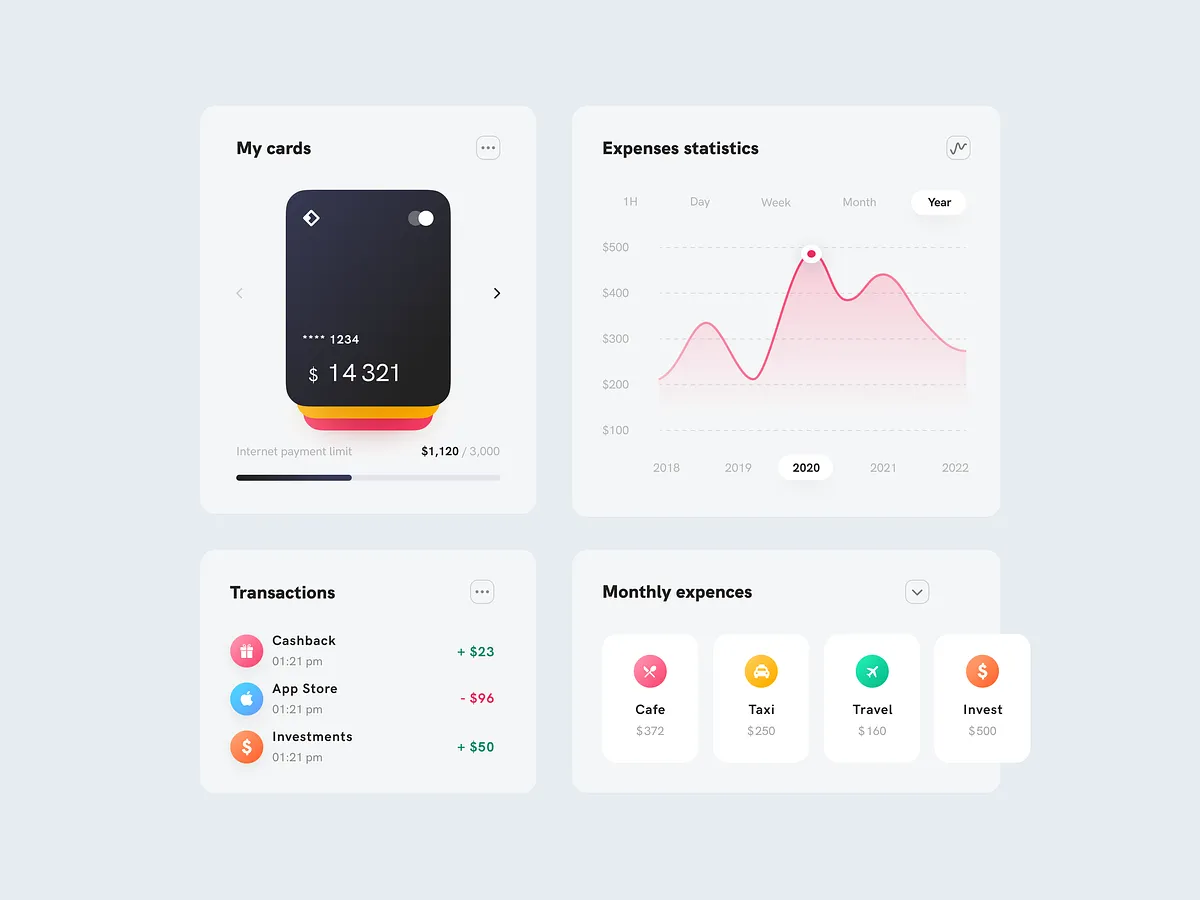 Finance app interface with card balance, expense chart and transactions
