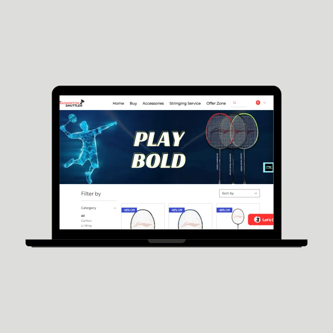 An online sports equipment store built by Vizipp, shown on a laptop