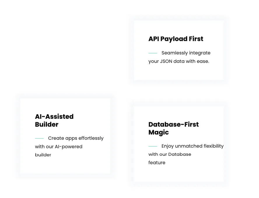 Nodio feature cards: AI-assisted builder, API payload first and database-first