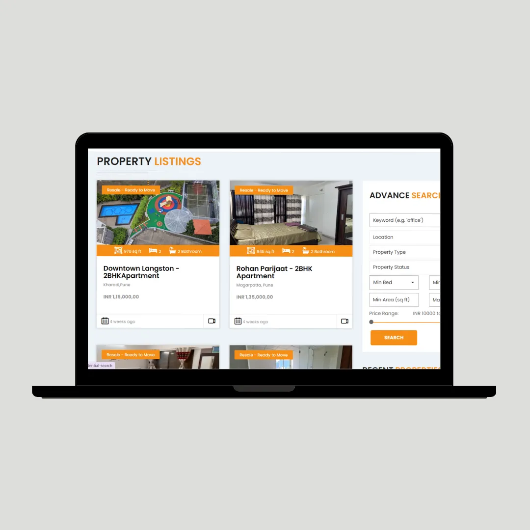 Laptop showing a property listings website with advanced search